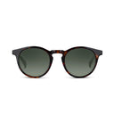 Round sunglasses with tortoise frame and green lenses on a white background. 