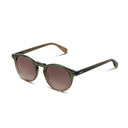 Sunglasses with a green frame and brown gradient lenses on a white background