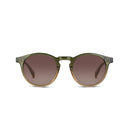 Round sunglasses with translucent olive green acetate frames and brown gradient lenses, shown against a plain white background.