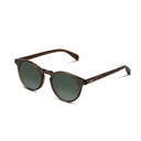 Round sunglasses with a dark green tortoiseshell frame and green-tinted lenses, shown on a plain white background.