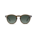 Round sunglasses with a translucent olive acetate frame and dark green gradient lenses, shown from the front on a plain white background.