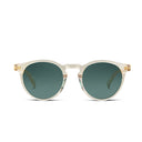 Round sunglasses with translucent off-white frames and dark green lenses, shown against a plain white background.