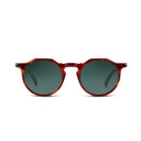 Front angle of dark havana frames with green lenses on a white background.