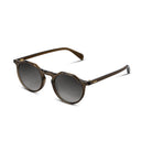 Side angle of olive colored sunglasses with gradient grey lenses on a white background.