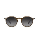 Round sunglasses with a translucent olive acetate frame and dark gray gradient lenses, shown against a plain white background.