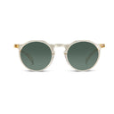 Round sunglasses with dark lenses on a white background.