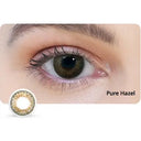 Eye wearing a Pure Hazel colored contact lens with a close-up of the lens on a white background.
