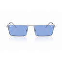 Sunglasses with blue lenses and silver frame on a white background
