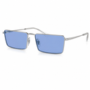 Sunglasses with blue lenses and silver frames on a white background