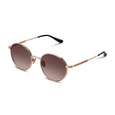 Side angle of Rose gold sunglasses with dark lenses on a white background. 
