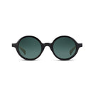Round black sunglasses with dark green lenses, shown from the front on a solid white background.
