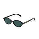 Black sunglasses with green lenses on a white background