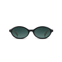 Oval sunglasses with a thick black frame and dark green tinted lenses, shown against a plain white background.