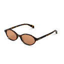 Oval sunglasses with a dark tortoiseshell frame and warm brown lenses, shown on a clean white background.