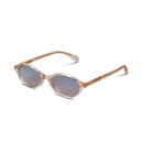 Oval sunglasses with a translucent rose frame and mirrored blue-gray lenses, shown on a clean white background.