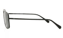 Side angle of matte black sunglasses on a white background.