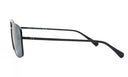 Side angle of sunglasses with blue lenses on white background. 
