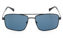 Sunglasses with blue lenses on a white background.