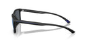 Side angle of dark rectangular glasses with blue lenses on a white background.