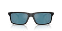 Dark rectangular sunglasses with blue lenses on white background.