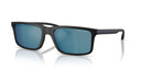 Dark sunglasses with blue lenses on a white background.