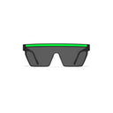Sunglasses with a green band and a black frame on a white background