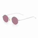 Side angle of round silver eyeglasses with purple lenses on a white background. 