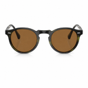 Round sunglasses with a glossy olive frame, brown lenses, and a small silver metal accent on the temples, shown against a plain white background.
