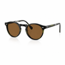 Side angle of round olive framed sunglasses with brown lenses on a white background. 