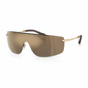 A pair of shield-style sunglasses with a large tinted brown lens, gold metal frame details, and dark brown temple arms, shown on a clean white background.