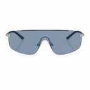 Rimless shield-style sunglasses with a large blue-gray tinted lens, black temple arms, and silver metal hinges, shown against a plain white background.
