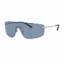 Rimless shield-style sunglasses with a blue-gray tinted lens, a thin black upper bridge, and silver metal temples on a white background.