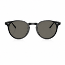 Round sunglasses with a thick black frame and dark gray lenses, shown from the front on a white background.