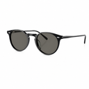 Black round-frame sunglasses with dark gray lenses, shown at a three-quarter angle on a white background.