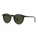Side angle of round havana framed sunglasses on a white background. 