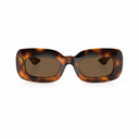 A pair of sunglasses with a glossy tortoiseshell frame in brown and black, featuring dark brown lenses, shown against a plain white background.