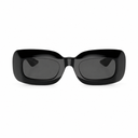Front angle of black sunglasses with dark lenses on a white background. 