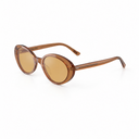 Oval sunglasses with translucent amber-brown frames and warm yellow-tinted lenses, photographed on a clean white background.