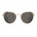 Round sunglasses with a gold metal frame and dark gray lenses, shown from the front on a white background.