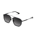 Black metal aviator sunglasses with gradient gray lenses, shown at an angle on a clean white background.