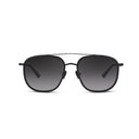Matte black aviator sunglasses with a double bridge and gradient lenses on a white backrgound. 
