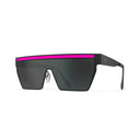 Sunglasses with a black frame and pink band on a white background