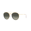 Round sunglasses with gold frame and dark  lenses on a white background