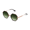 Rose gold sunglasses with dark green lenses on a white background. 