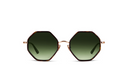 Hexagonal sunglasses with dark green gradient lenses, a tortoiseshell patterned frame, and a thin rose gold metal bridge and temples, shown against a plain white background.