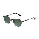 A pair of semi-rimless sunglasses with dark green lenses and bronze metal frames, shown on a clean white background.