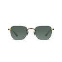 A pair of rimless square sunglasses with dark green lenses and gold metal temples, shown against a plain white background.