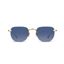 Square rimless sunglasses with blue lenses on a white background. 