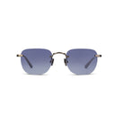 Square gun colored sunglasses with blue lenses on a white background. 