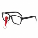 redkeychain that cleans the glasses lenses on black glasses